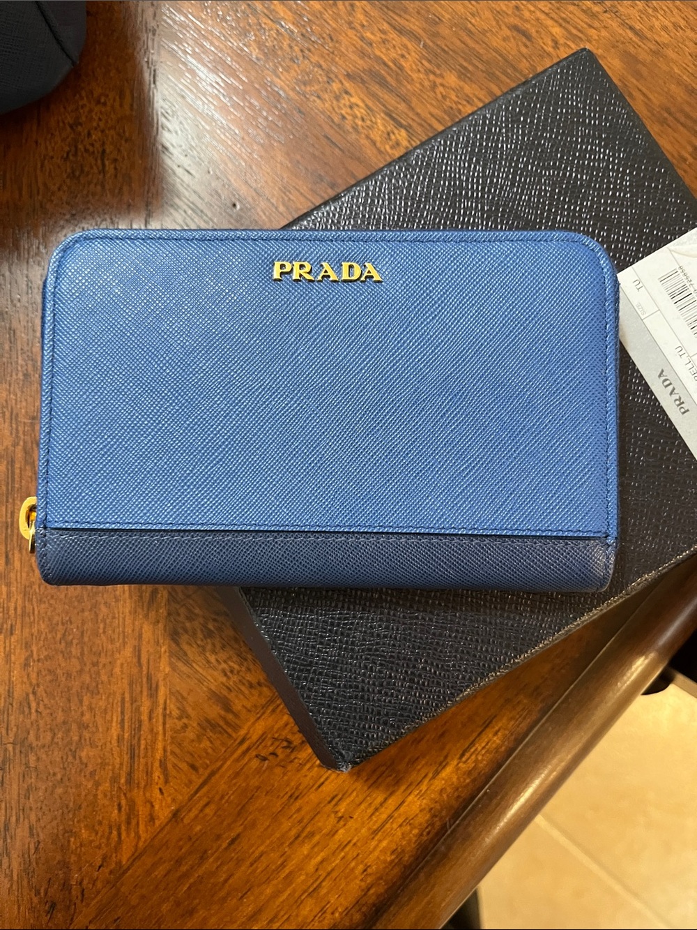 Prada Two-Tone Blue Saffiano Zip Wallet with Gold Logo